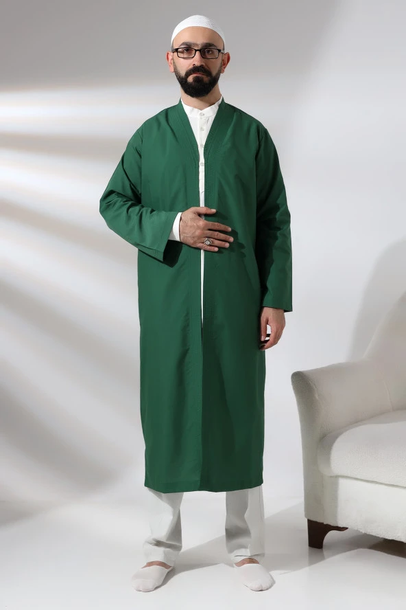 Yeşil Erkek Namaz Elbisesi V Yaka Düğmesiz Önü Açık Namaz Cübbesi