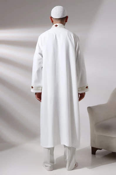 Beyaz Erkek Namaz Elbisesi Desen İşlemeli Hakim Yaka İmam Cübbesi - 8