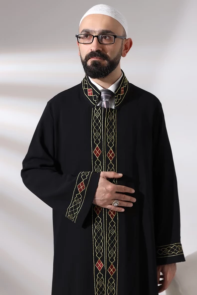 Siyah Erkek Namaz Elbisesi Desen İşlemeli Hakim Yaka İmam Cübbesi - 6