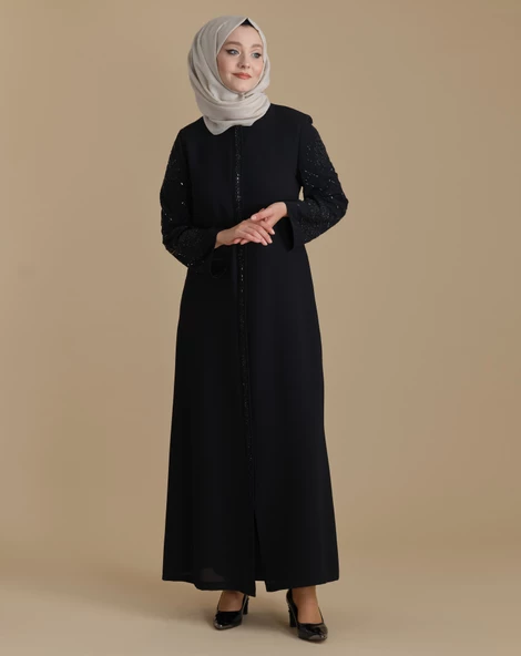 Siyah Kolları Kristal Taşlı Fermuarlı Tesettür Ferace