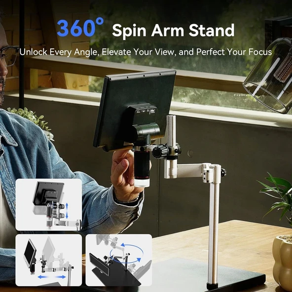 TOMLOV TM4K Esnek Kol Dijital Mikroskop 2000x, 52MP 4K LCD Mikroskop - 8 Inc - 2