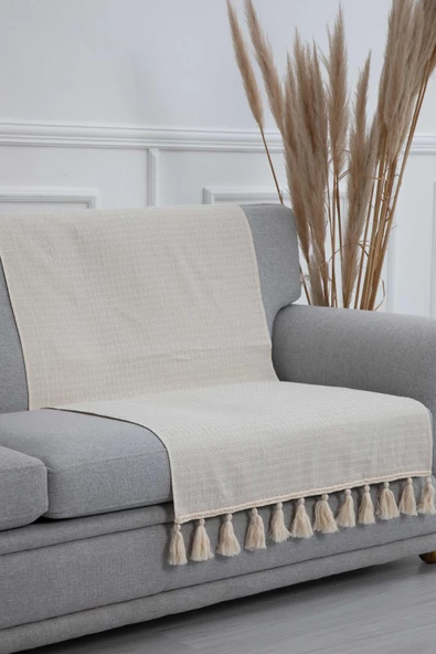 Kenarları Örgü Detay Püsküllü Koltuk Şalı 80 x 170,KS-1 - Resim 3