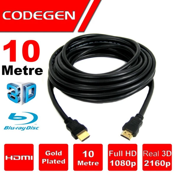 CODEGEN CPS100 10 Metre HDMI v1.4 10mt, 3D, Ag Destekli, Altin Uçlu HDMI Kablo