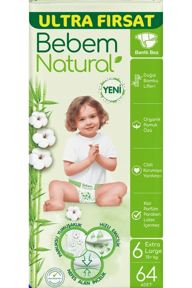 Bebem Natural Bebek Bezi Ultra Fırsat Paketi Extra Large 6 No 64 Lü