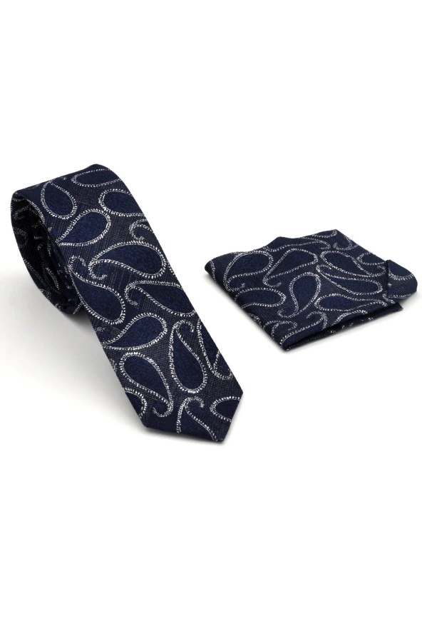 Füme Gri Şal Desenli Lacivert Dokuma Kumaş Mendilli Slim Fit Kravat  // SDK-240112 - Resim 2