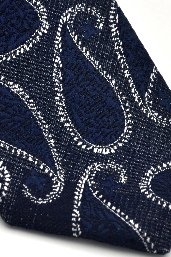 Füme Gri Şal Desenli Lacivert Dokuma Kumaş Mendilli Slim Fit Kravat  // SDK-240112 - Resim 3