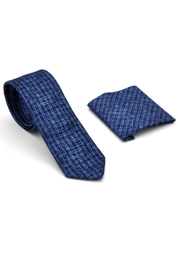 Mavi Desenli Lacivert Dokuma Kumaş Mendilli Slim Fit Kravat // SDK-240110 - Resim 2