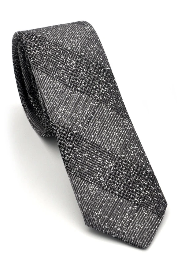 Füme Gri Verev Desenli Dokuma Kumaş Mendilli Slim Fit Kravat // SDK-240106 ürün görseli