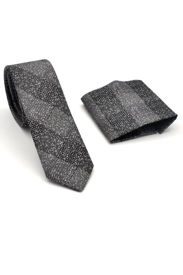 Füme Gri Verev Desenli Dokuma Kumaş Mendilli Slim Fit Kravat // SDK-240106 - Resim 2