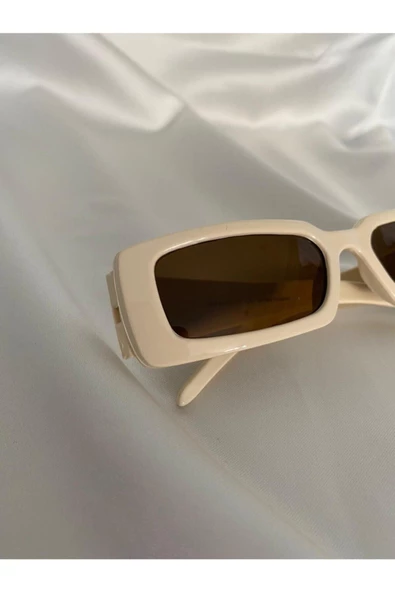 Vintage Model Baklava Desen Detaylı Krem Unisex Güneş Gözlüğü - 6