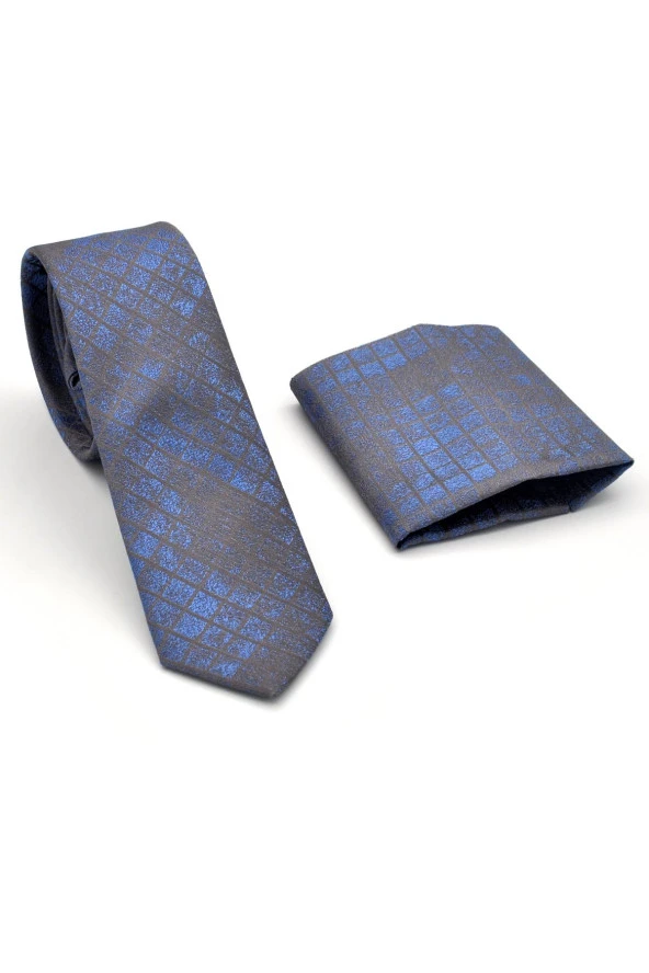 Mavi Kare Desenli Koyu Gri Dokuma Kumaş Mendilli Slim Fit Kravat // SDK-240104 - Resim 2