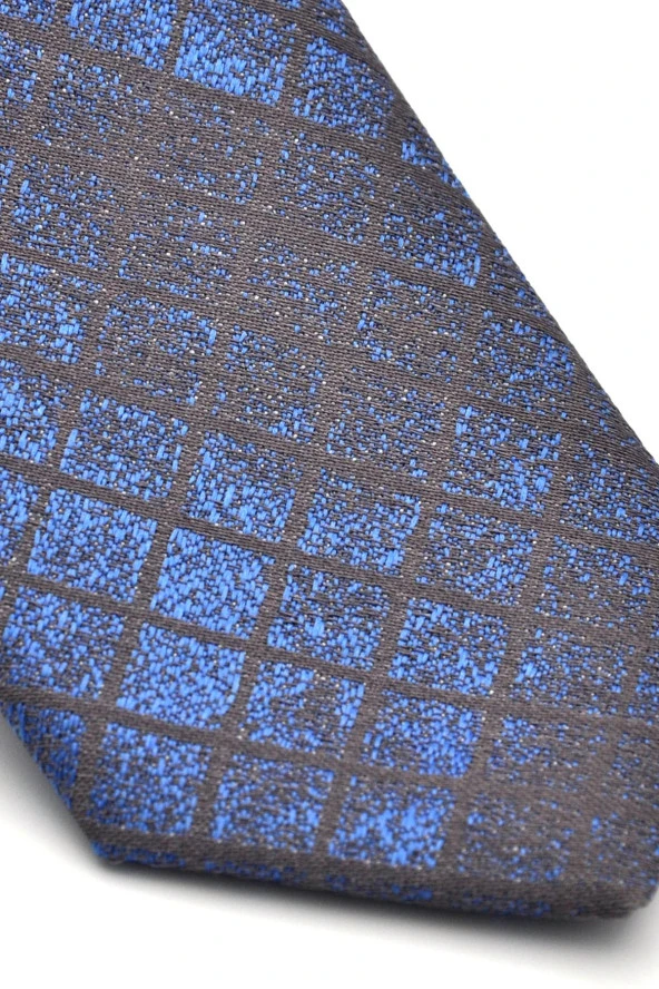 Mavi Kare Desenli Koyu Gri Dokuma Kumaş Mendilli Slim Fit Kravat // SDK-240104 - Resim 3