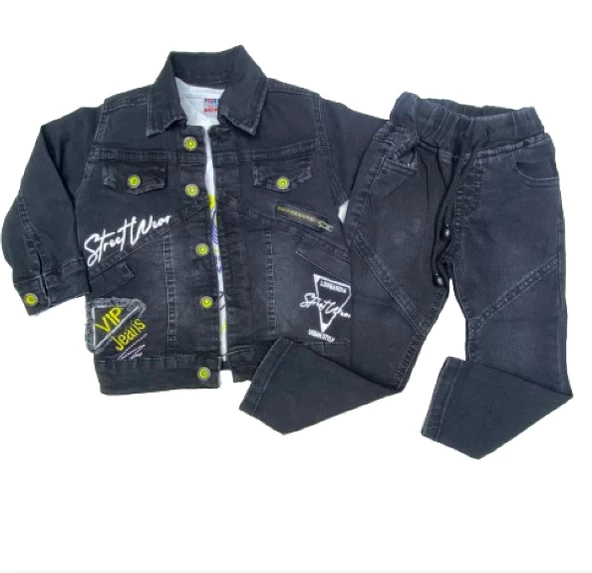 uğurböceğiçocuk Street Wear Baskılı Kot Ceketli Erkek Takım 5923 - 2