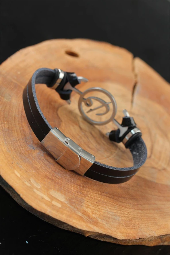 Silver Renk Elif Vav Çelik Aksesuarlı Siyah Renk Deri Erkek Bileklik - TJ-EB2538-KS - 2