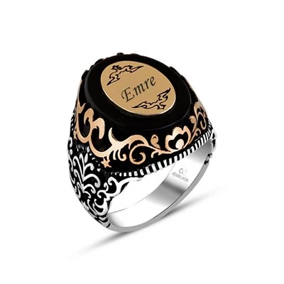 Plaka İsimli Siyah Onix Taşlı 925 Gümüş Erkek Yüzük - 6