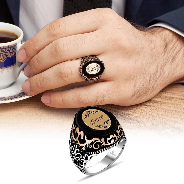 Plaka İsimli Siyah Onix Taşlı 925 Gümüş Erkek Yüzük