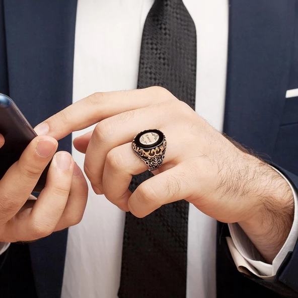 Plaka İsimli Siyah Onix Taşlı 925 Gümüş Erkek Yüzük - 2