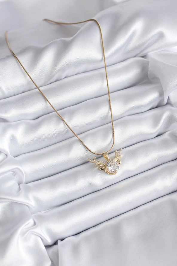 316L Çelik Gold Renk Zirkon Taşlı Boynuz Model Kadın Kolye - TJ-BKO8134 - Resim 2