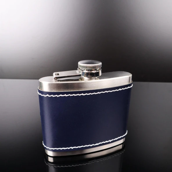 Perlotus 5 Oz-150 cc Hunili Lacivert Premium Deri Kılıf Çelik Viski İçki Konyak Matarası Sevgililer Günü - 2