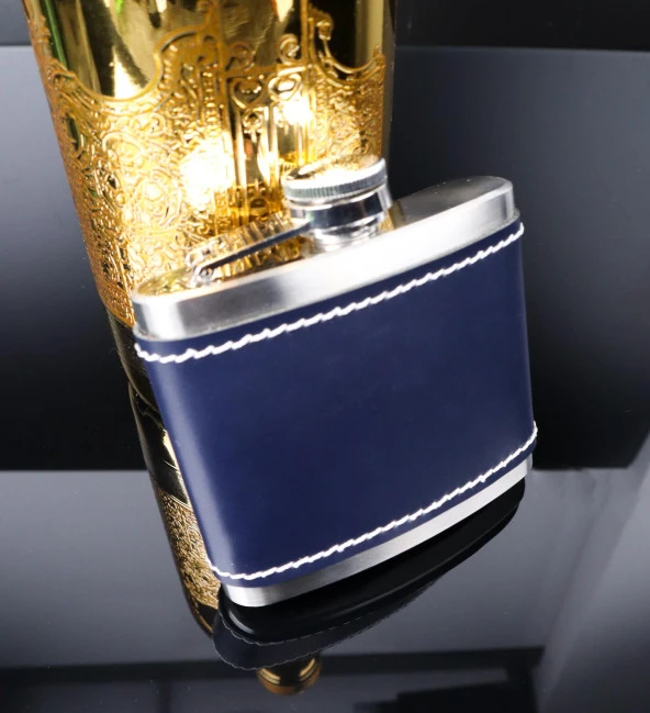 Perlotus 5 Oz-150 cc Hunili Lacivert Premium Deri Kılıf Çelik Viski İçki Konyak Matarası Sevgililer Günü - 3