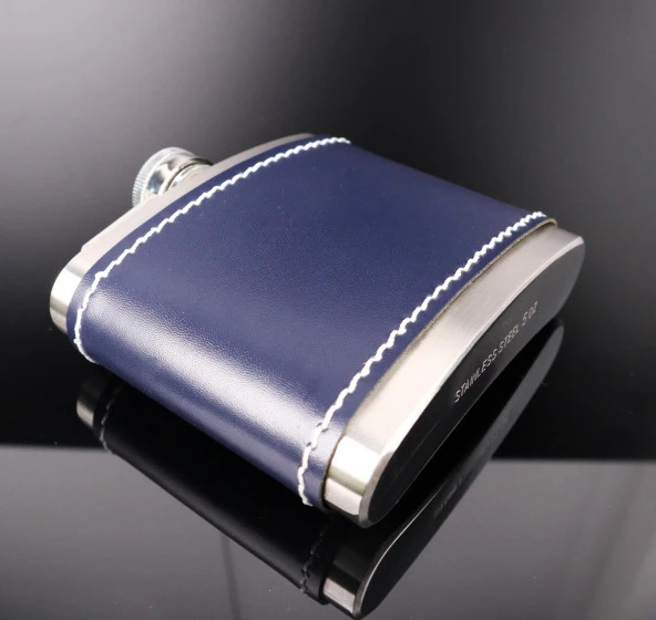 Perlotus 5 Oz-150 cc Hunili Lacivert Premium Deri Kılıf Çelik Viski İçki Konyak Matarası Sevgililer Günü - 4