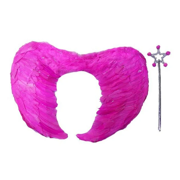 Gerçek Tüylü Katlanabilir Çocuk Pembe Melek Kanadı ve Asa Seti 40x55 cm ürün görseli 1