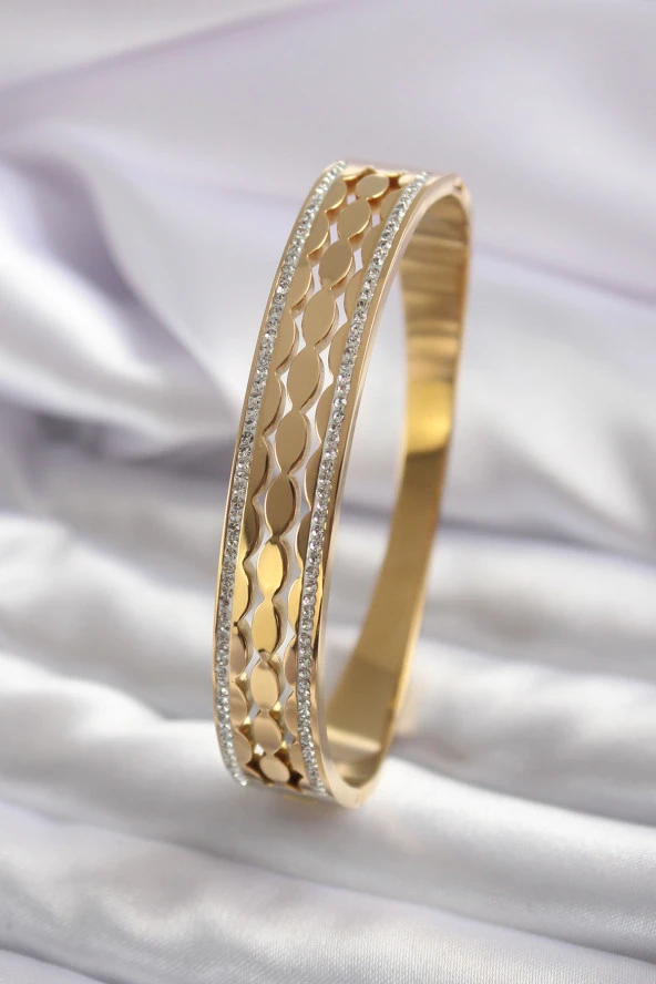 316L Çelik Gold Renk Arpa Model Zirkon Taş Detay Kadın Kelepçe - TJ-BB5560 - 1