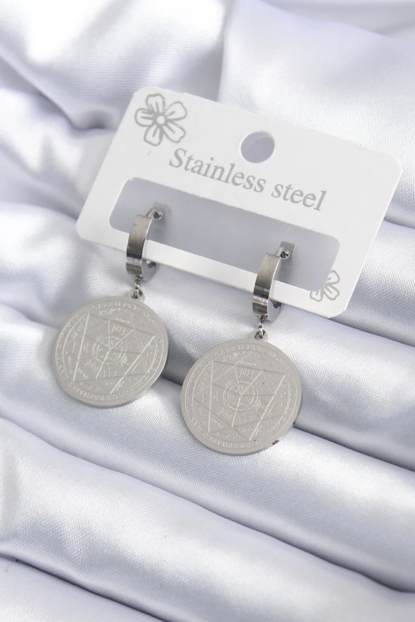 316L Çelik Gümüş Renk Pentagram İşleme Model Kadın Küpe - TJ-BKP7924 ürün görseli