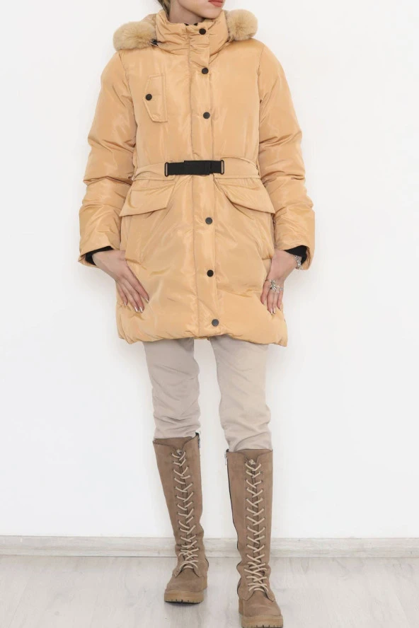 Kapşonu Kürklü Şişme Kaban Vizon - 4004.1555. - 2