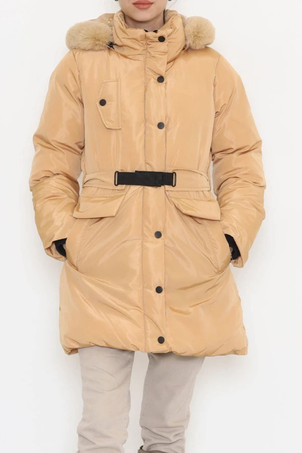 Kapşonu Kürklü Şişme Kaban Vizon - 4004.1555. - 3