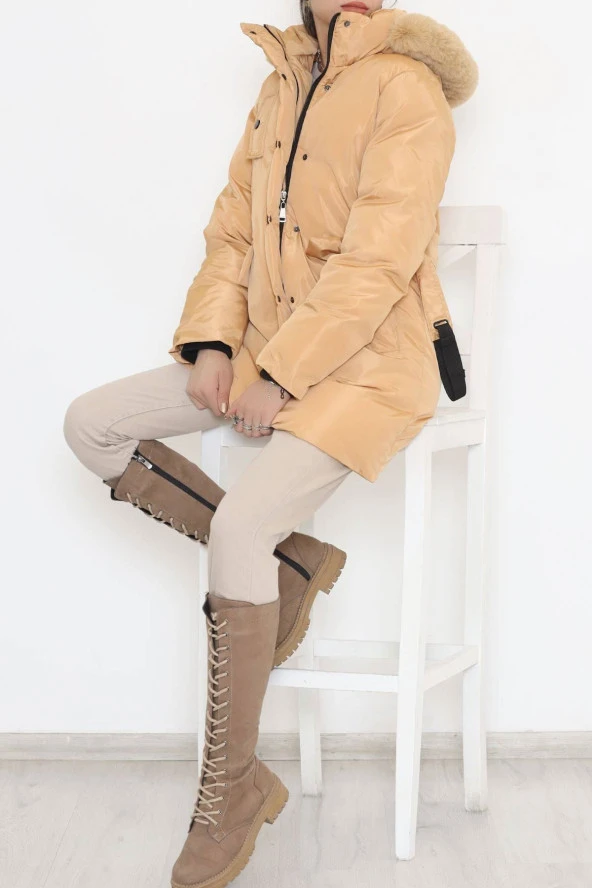 Kapşonu Kürklü Şişme Kaban Vizon - 4004.1555. - 4