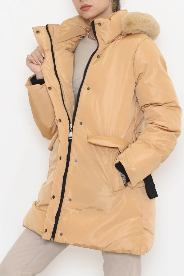 Kapşonu Kürklü Şişme Kaban Vizon - 4004.1555. - 5