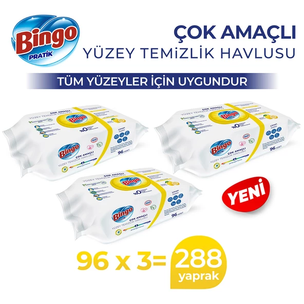 Bingo Pratik Yüzey Temizlik Havlusu Limon Kokulu 96x3 (288 Yaprak)