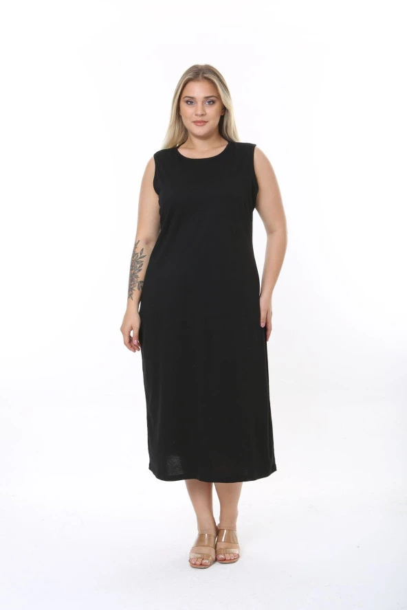 Büyük Beden Uzun Kolsuz Elbise Astarı Içlik Jüpon Kombinezon Siyah