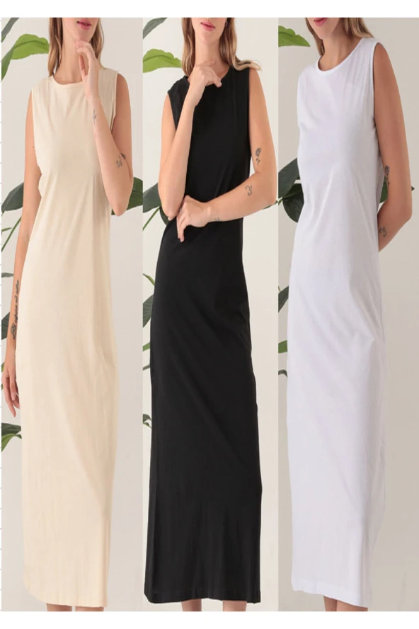 Kolsuz 3Lü Siyah Beyaz Ecru Uzun Elbise Astarı İçlik Jüpon Kombinezon %100 pamuk
