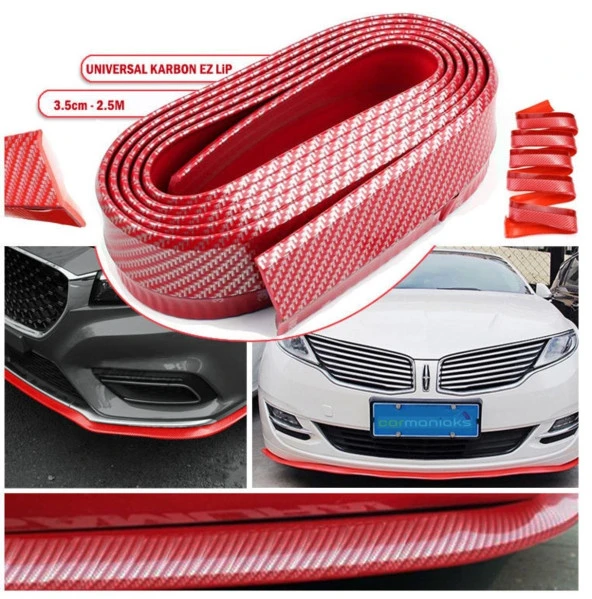 Oto Araba Araç Ön Lip Tampon Eki 2,5 Metre Ön Tampon Koruyucu Universal Esnek Şerit Karbon Kırmızı
