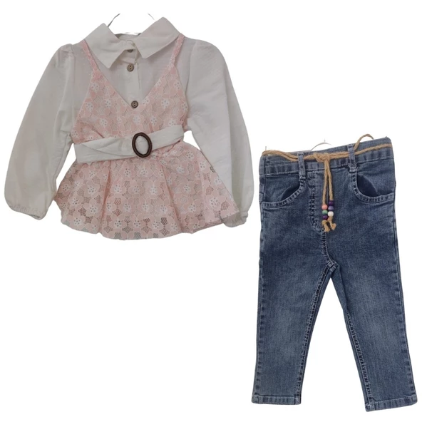 PİKOLİNE 1398 İP ASKILI KOT PANTOLONLU KIZ ÇOCUK TAKIM - Resim 2