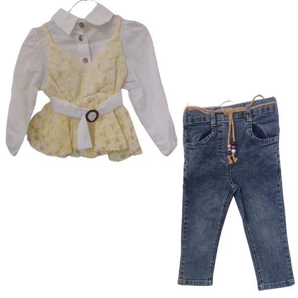 PİKOLİNE 1398 İP ASKILI KOT PANTOLONLU KIZ ÇOCUK TAKIM - Resim 3