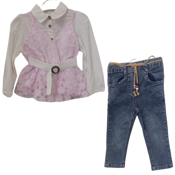 PİKOLİNE 1398 İP ASKILI KOT PANTOLONLU KIZ ÇOCUK TAKIM ürün görseli