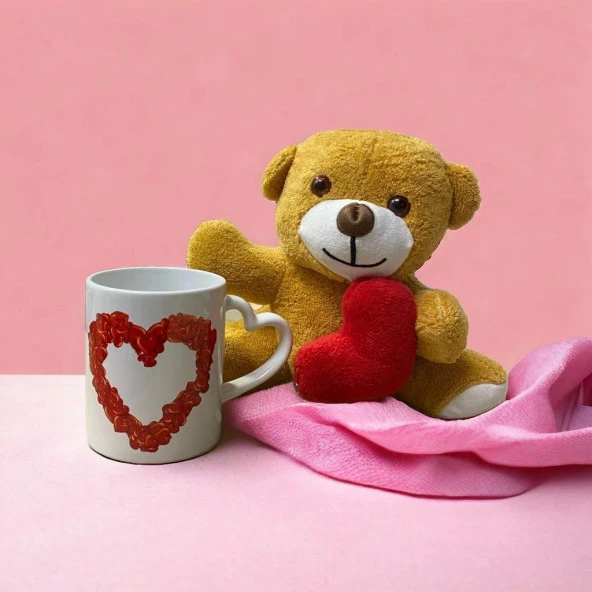 Sevgililer Gününe Özel Hediyelik Kalpli Peluş Ayıcık ve Kalpli Kupa Bardak Set