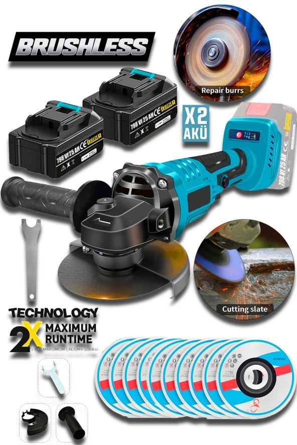 Dozzer Alman BLACK BLU 798Vf 25Ah Kömürsüz Motor 115 MM Akülü Avuç İçi Taşlama Makinesi +10 Taş