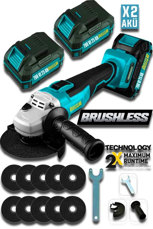 Dozzer Alman 798Vf 25Ah Kömürsüz Motor 115 MM Akülü Avuç İçi Taşlama Makinesi +10 Taş