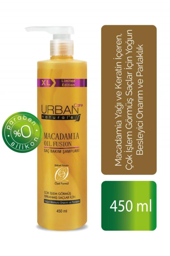 Urban Care Macadamia Yağı ve Keratin içeren Besleyici Onarım ve Parlaklık veren Şampuan 450 ml