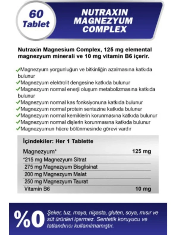 Nutraxin Magnezyum Complex Vitamin B6 60 Tablet 250 Mg - Resim 2