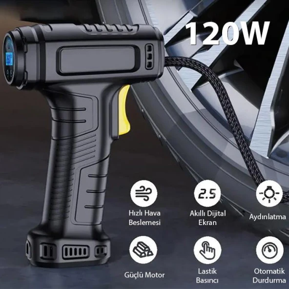 ALLY 120W Kablosuz Basınç Göstergeli Mini Hava Popmpası Kompresör - 4