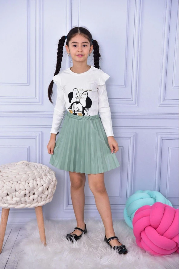 Life For Moda Kız Çocuk Mickey Baskılı Deri Pileli Etekli Takım 6258
