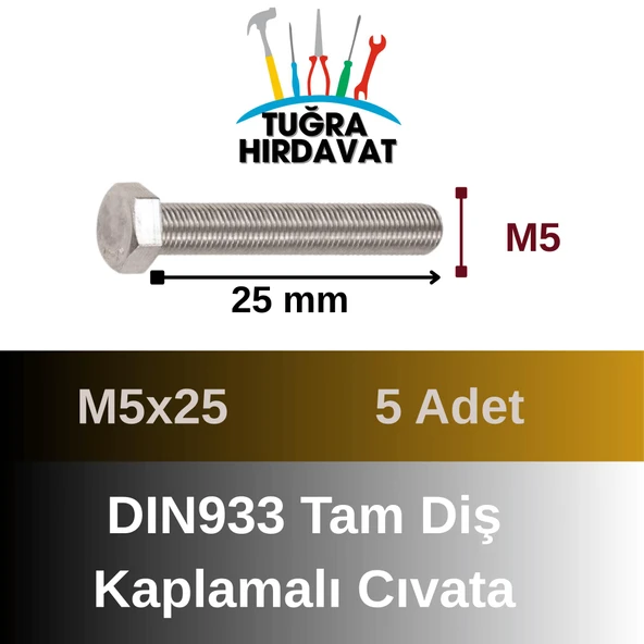 Çelik Cıvata 5X25 DIN933 Beyaz 5 Adet 8.8 Altıköşe - 2