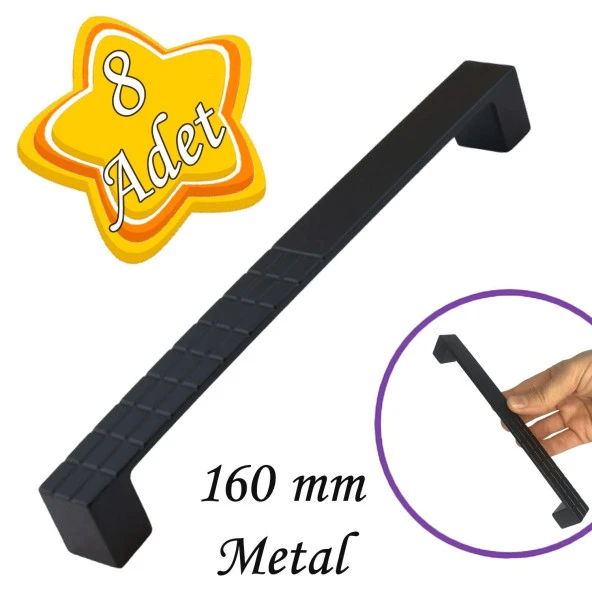 8 Adet Bihter Desenli Kulp 160 mm Siyah Mutfak Kulpu Çekmece Dolap Kapak Kulbu Metal Mobilya Dolabı