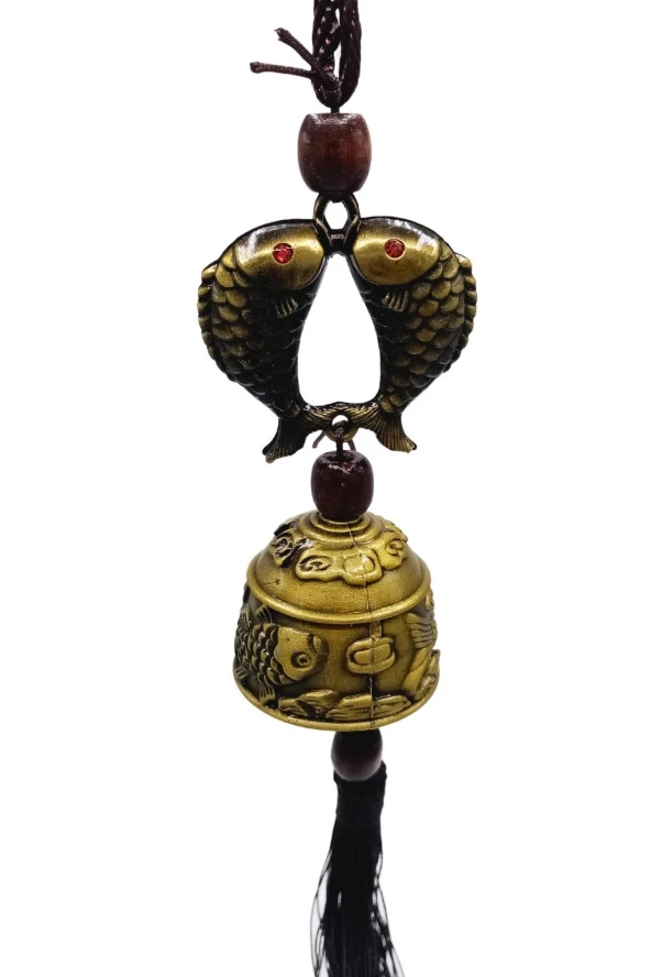 Çin Feng Shui Şans ve Bereket Metal Koi Balık Çan 35 cm - Resim 8
