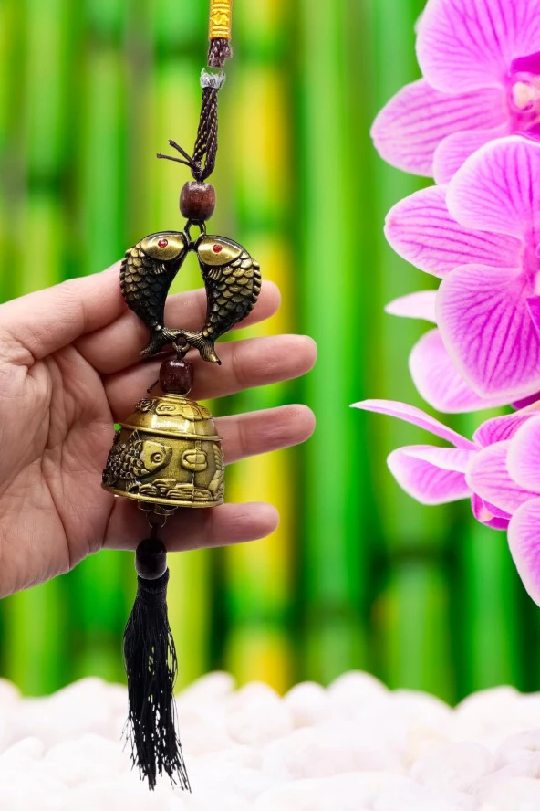 Çin Feng Shui Şans ve Bereket Metal Koi Balık Çan 35 cm - Resim 9